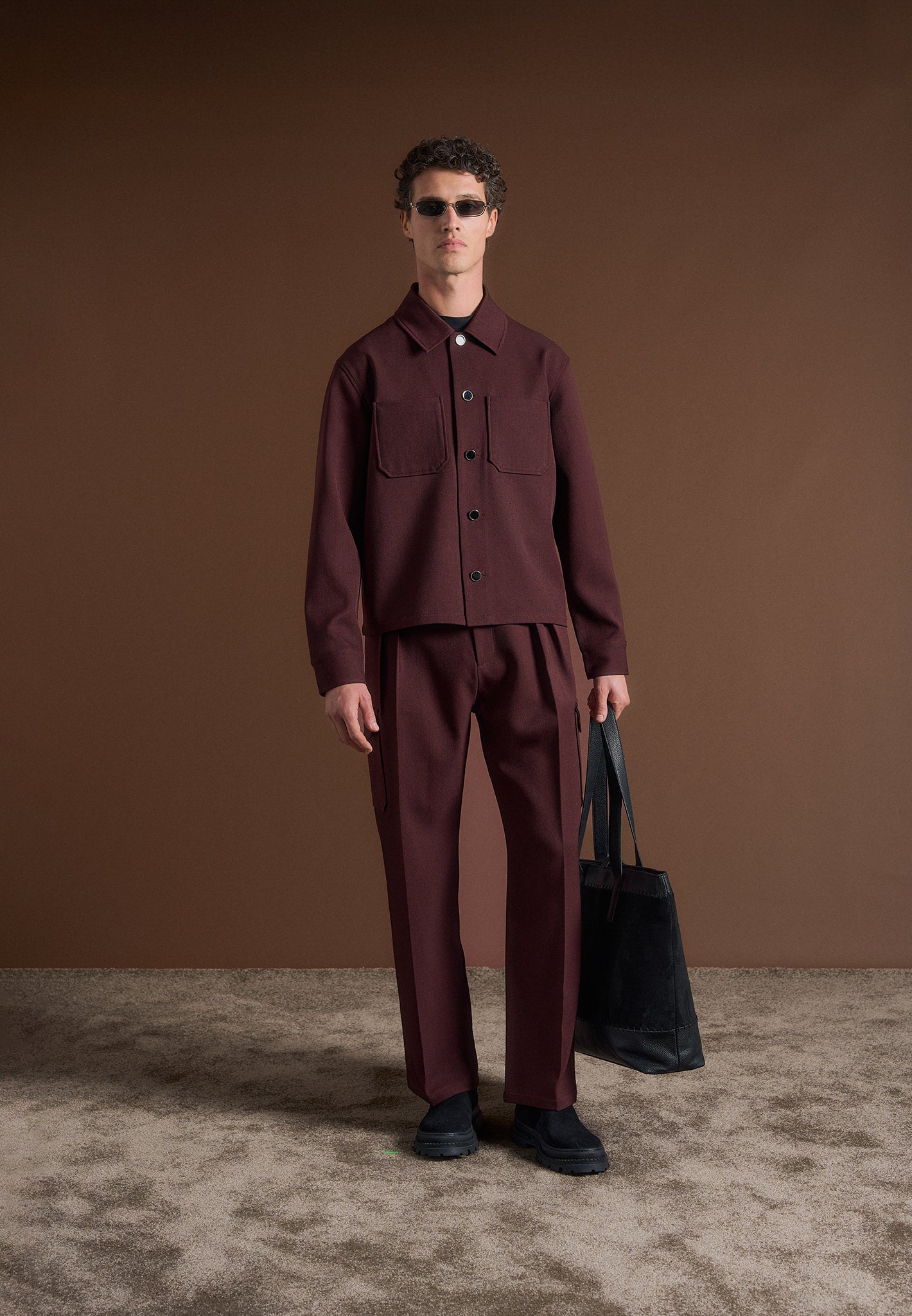 Kurzes Twill-Hemd mit Tasche - Weinrot 
