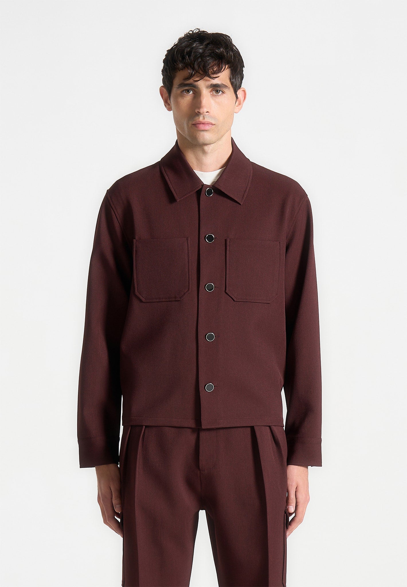 Kurzes Twill-Hemd mit Tasche - Weinrot 