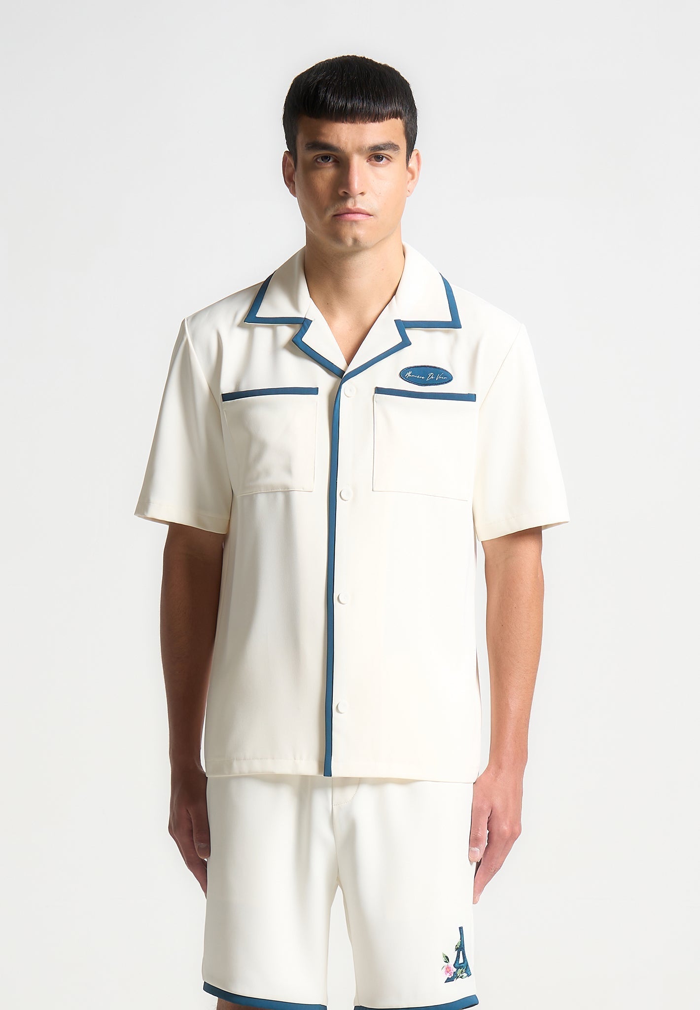 Bowlinghemd „Eiffel“ aus Samt – Creme/Blau